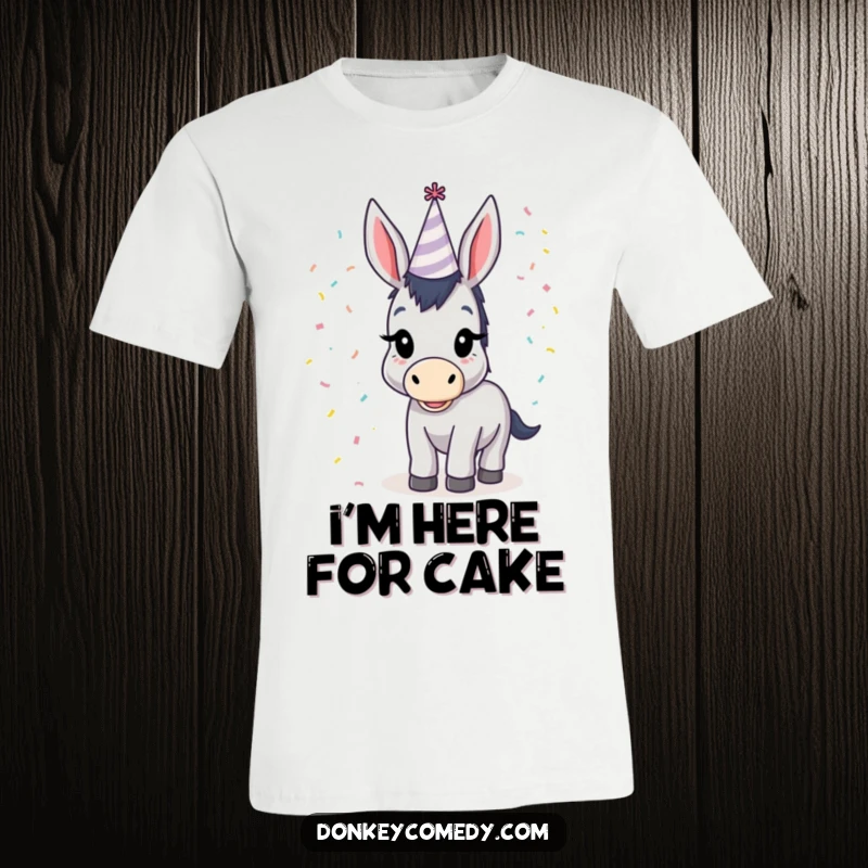 Funny donkey sporting a small party hat and surrounded by flying confetti, a comical and festive t-shirt for parties.