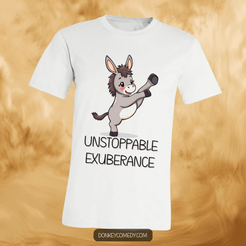 Funny Kawaii Donkey Kicking T-Shirt: A cute donkey mid-kick, legs flailing hilariously, makes this shirt a statement of pure fun.