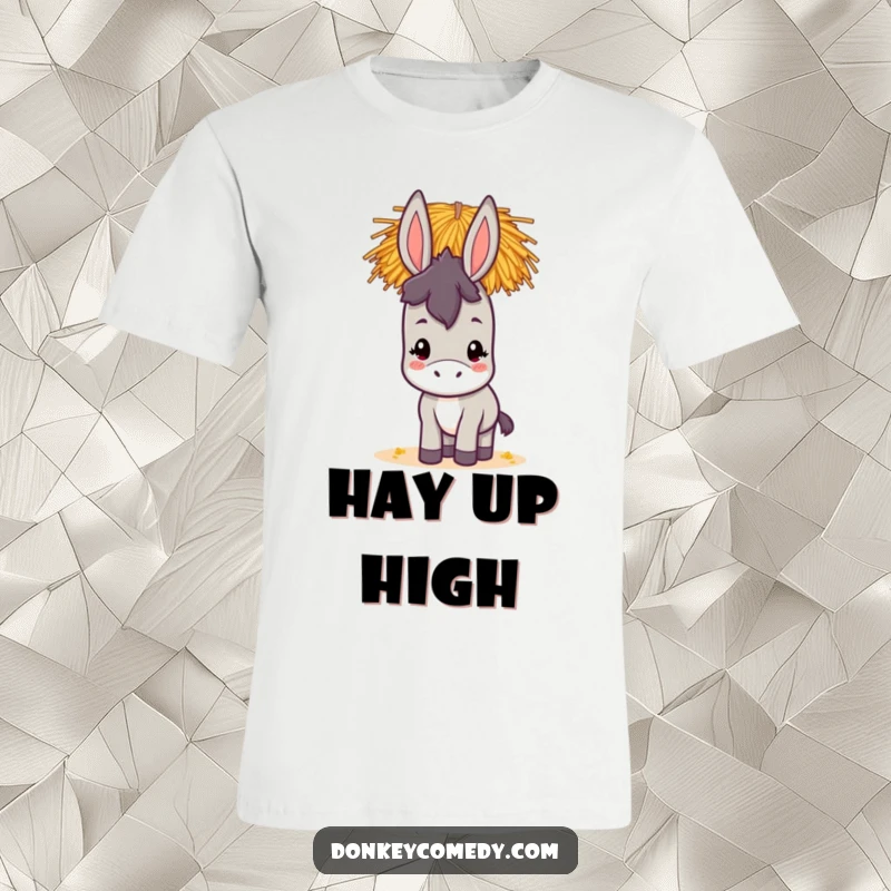 Funny kawaii donkey t-shirt featuring a cute donkey expertly balancing a large stack of hay on its head, looking quite pleased.