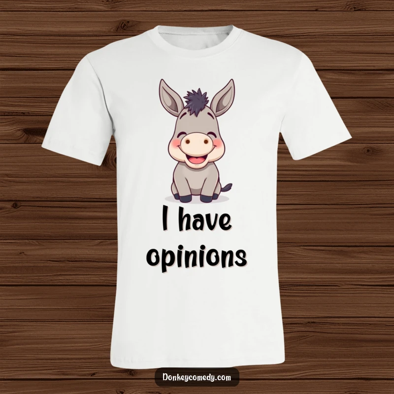 Funny Donkey Braying T-Shirt: A happy donkey with a big grin, captured mid-bray, a hilarious wearable joke.