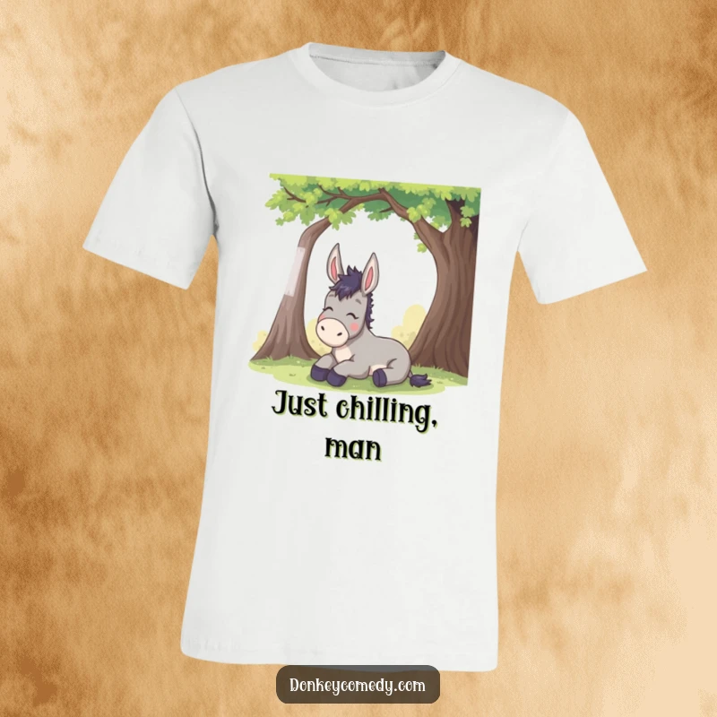 Funny donkey t-shirt shows a content donkey sighing with relief while resting peacefully under a shady tree, perfect for relaxation.