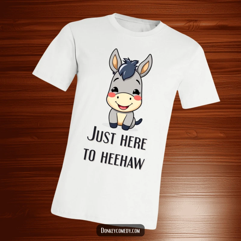 Funny Kawaii Donkey T-Shirt showing a cute donkey offering a cheerful smile and a friendly nod, ideal for casual wear.
