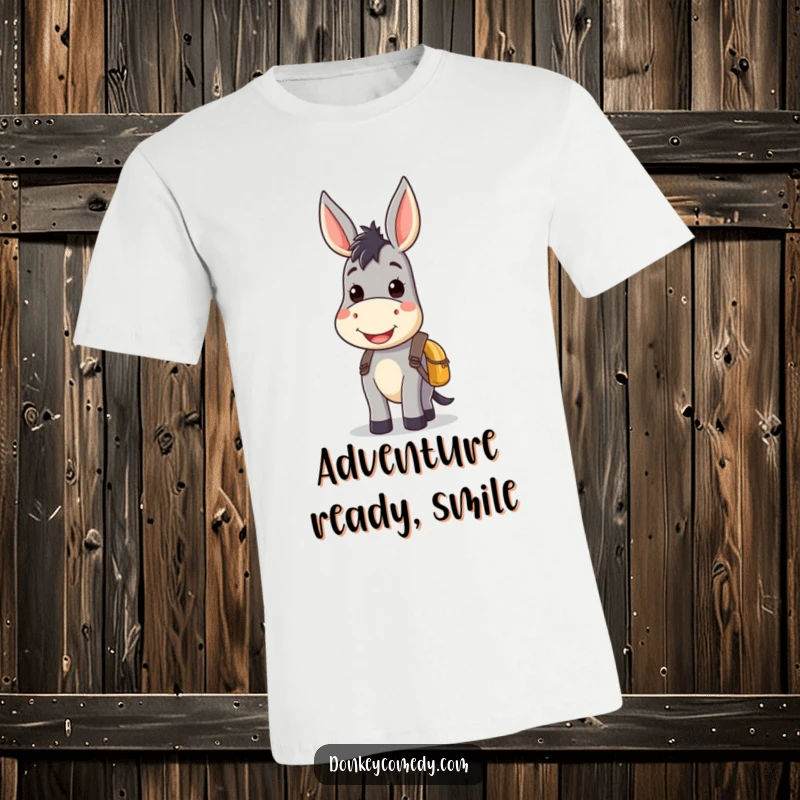 Kawaii donkey t-shirt showcasing an irresistibly smiling donkey carrying a small backpack, radiating pure joy and wanderlust.