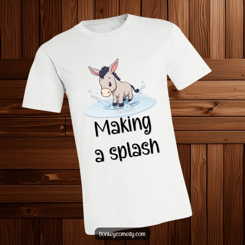 Funny t-shirt design of a donkey playfully splashing water in a shallow puddle, radiating pure, uninhibited joy and fun.