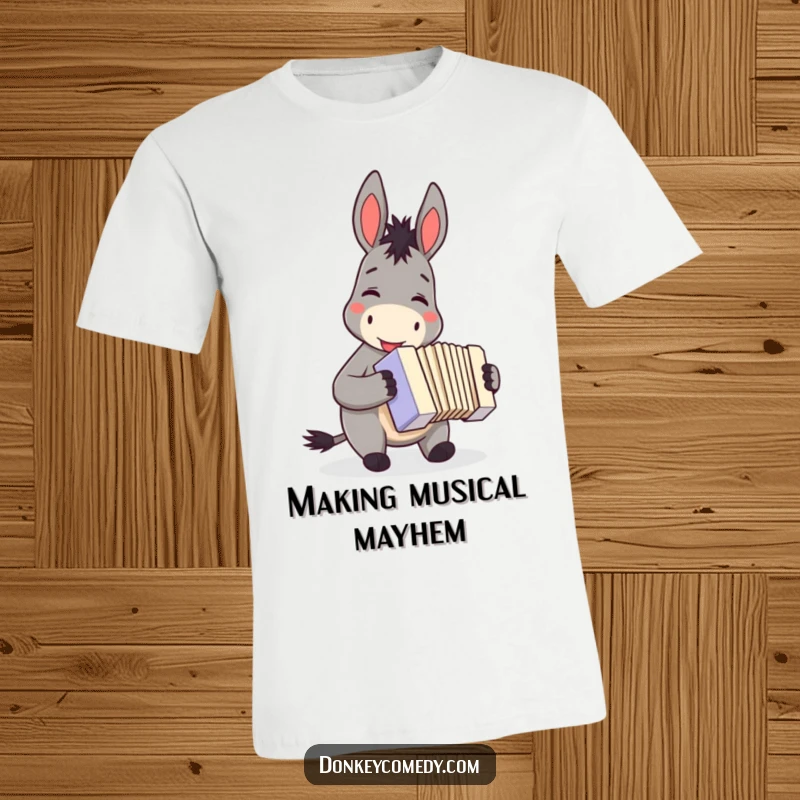 Funny donkey t-shirt, smiling broadly while playing a small accordion, embodying musical cheer and playful spirit.