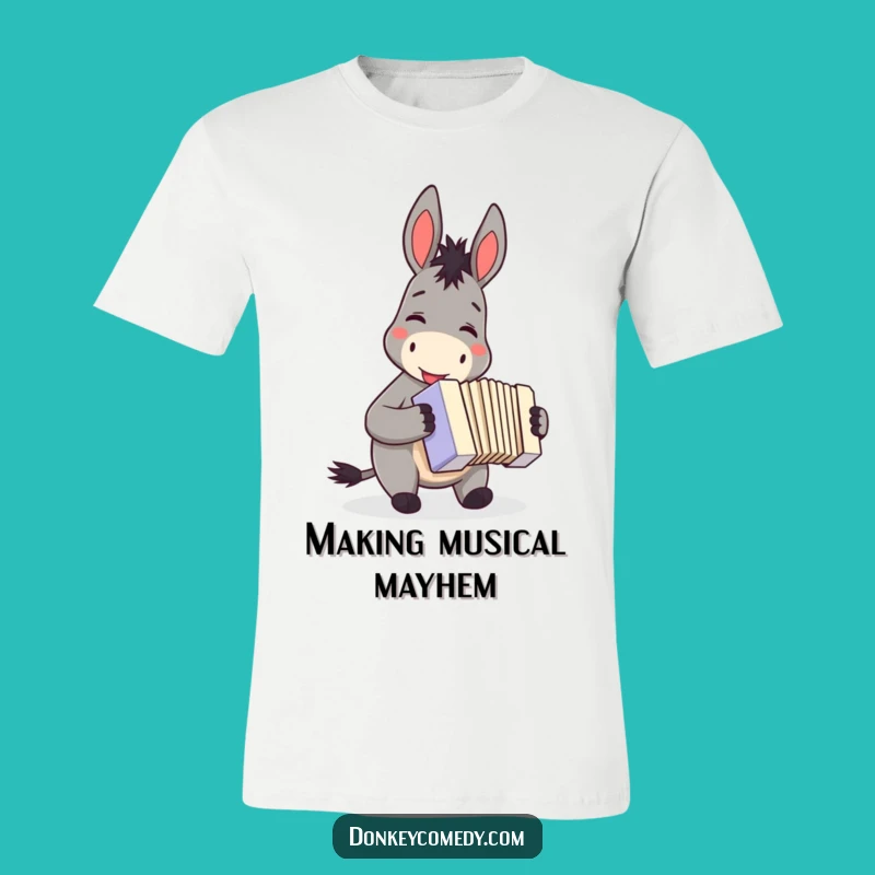 Funny happy donkey accordion t-shirt, a musical gift for musicians, showing a donkey playing with delight.