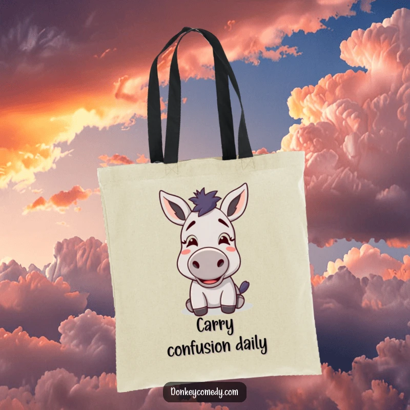 Funny kawaii donkey with a confused yet delighted expression on a tote bag, perfect for carrying items humorously.