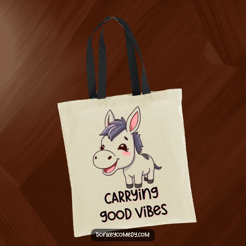 Funny Kawaii Donkey Braying Tote Bag: A cute and spacious tote showing a joyful donkey braying, ideal for shopping with a smile.