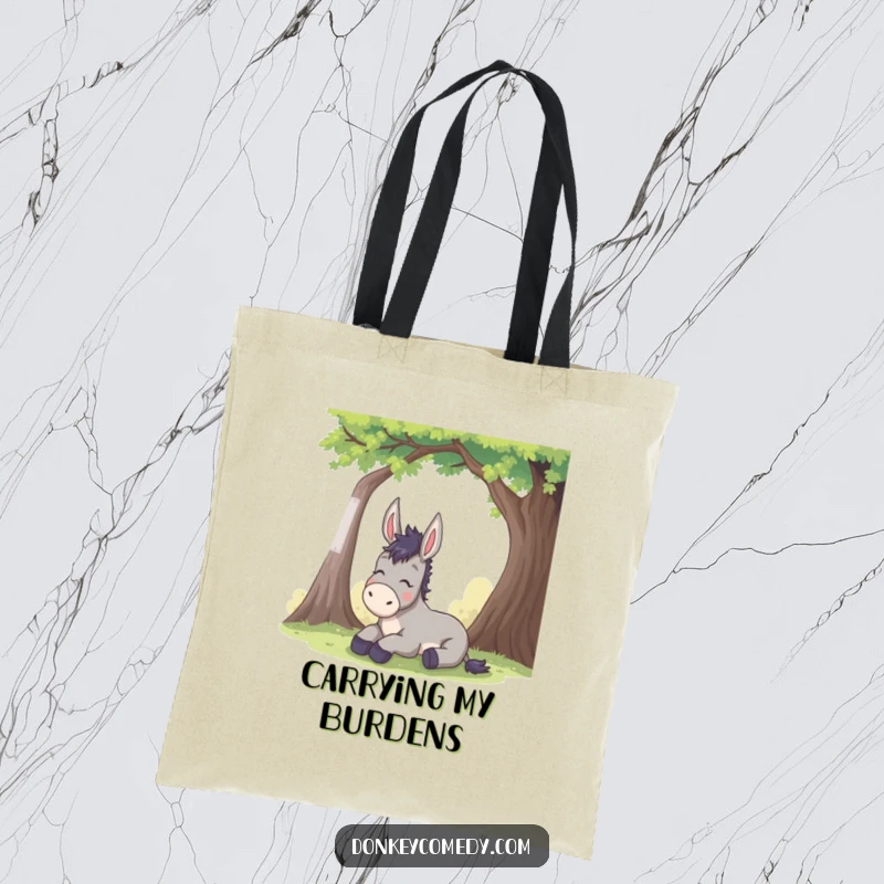 Funny donkey tote bag showcases a relaxed donkey sighing contentedly under a tree, perfect for carrying essentials with a humorous touch.