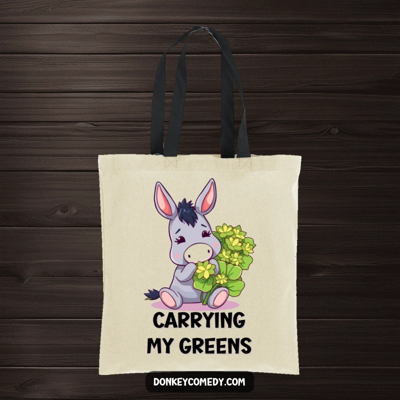 Funny tote bag featuring a donkey engrossed in nibbling a comically large clover, perfect for daily use.