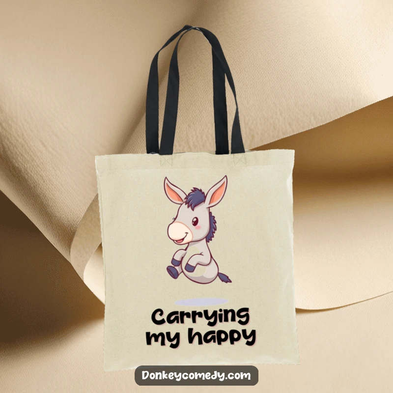 Funny donkey tote bag featuring a floppy-eared animal gleefully kicking its legs, perfect for carrying goodies with a side of laughs.