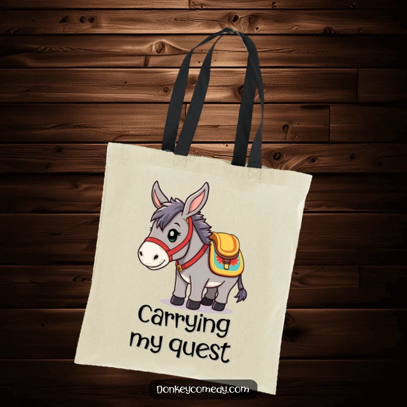 Funny Tote Bag showcasing a kawaii donkey in a colorful saddle, ready for travel, ideal for carrying items with humor.