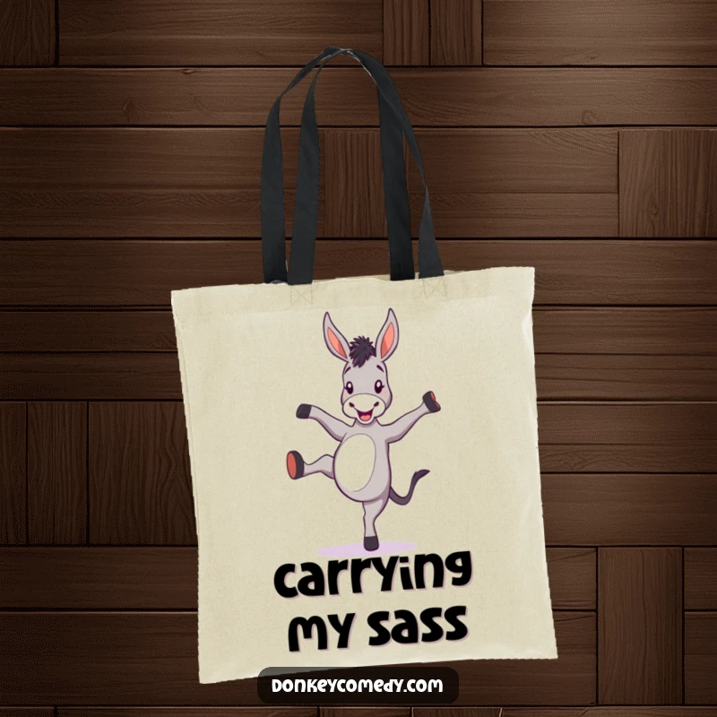 Funny donkey tote bag featuring a cartoon donkey gleefully kicking its heels up, showcasing a fun-loving spirit.