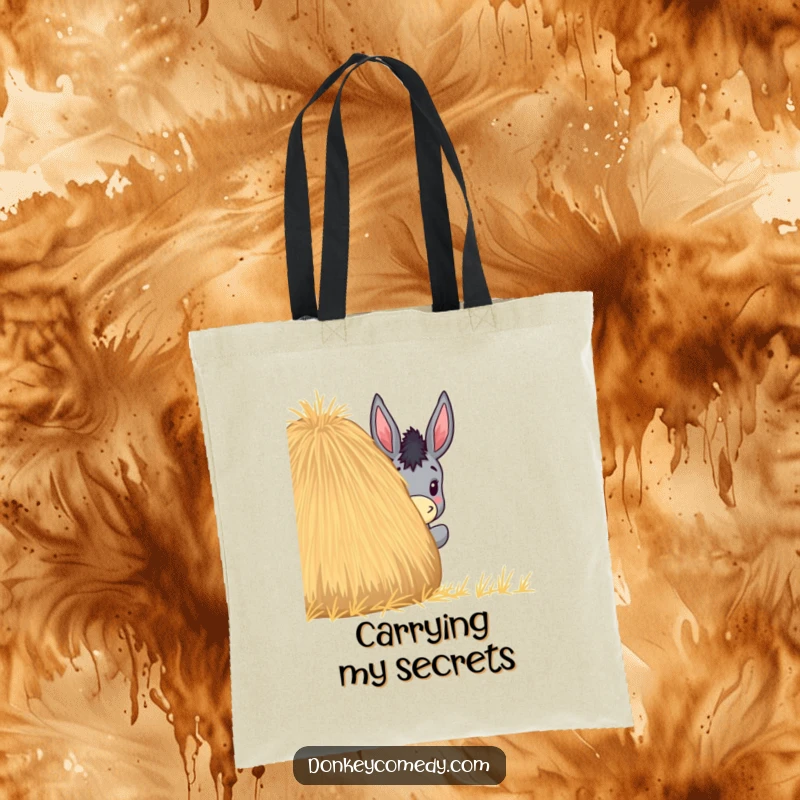Funny tote bag design showing a donkey humorously peeking from behind a big, round haystack, perfect for farm lovers.