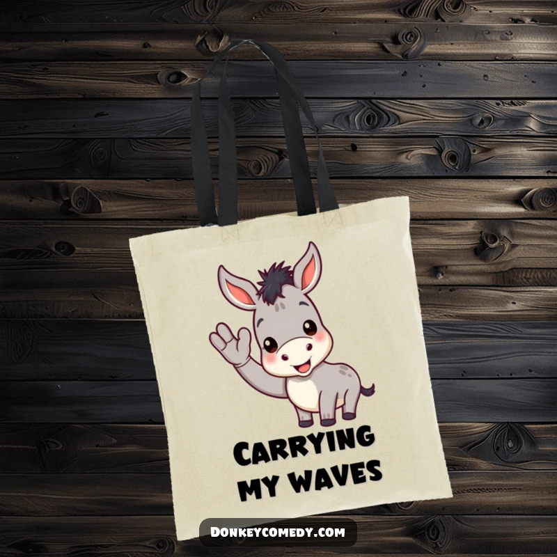 Funny donkey tote bag showing a happy donkey with a cheerful expression giving a friendly wave, a perfect companion for daily tasks.