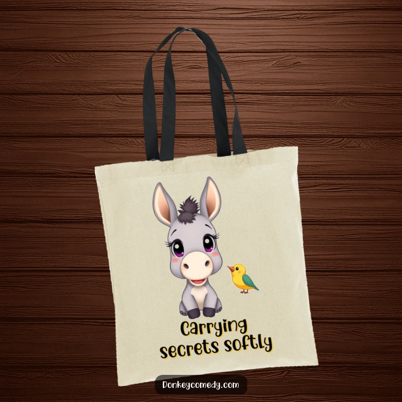 Funny tote bag featuring a donkey with large, curious eyes listening to a chirping bird, perfect for everyday observation.