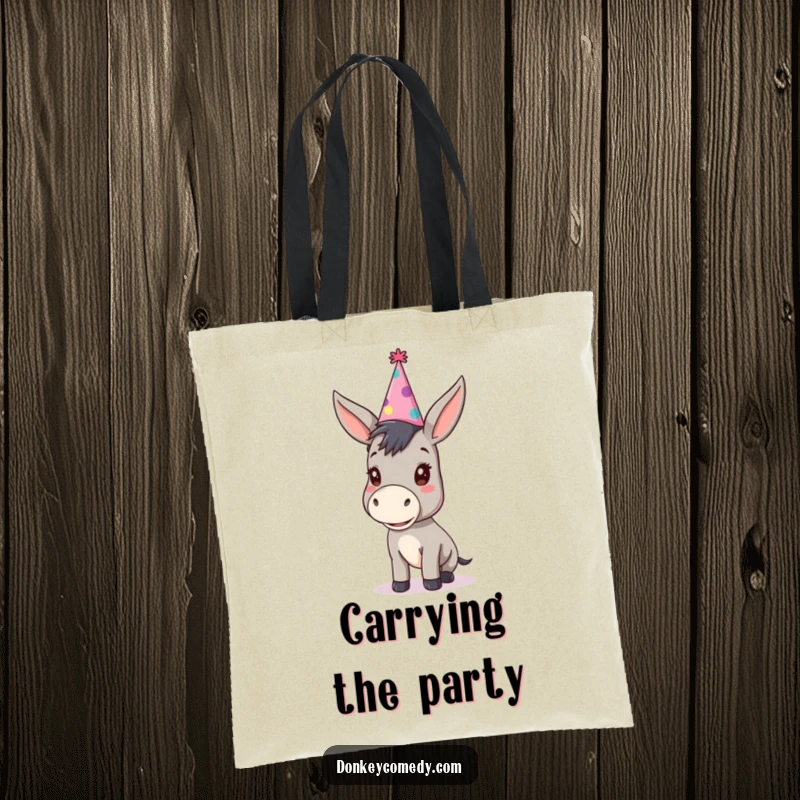Funny kawaii donkey with an oversized party hat on a tote bag, great for carrying items with festive humor.
