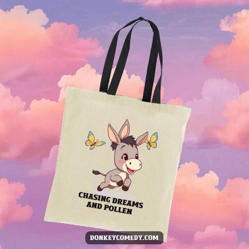 Funny tote bag showing a gleeful donkey energetically chasing a butterfly, highlighting a moment of pure, unadulterated joy.