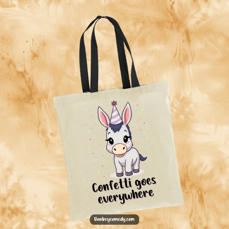 Funny donkey wearing a tiny party hat amongst falling confetti, a humorous and practical tote bag for everyday use.