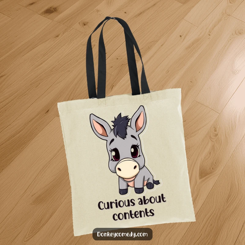 Funny tote bag displaying a donkey with an endearing head tilt, conveying curiosity and charm for everyday use.