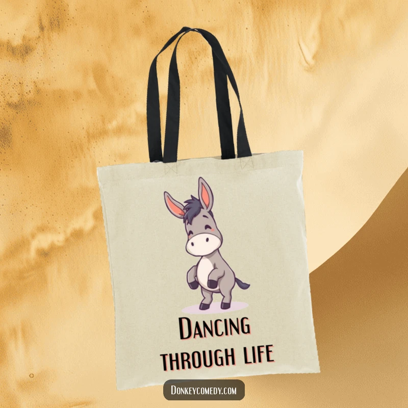 Funny Donkey Tote Bag featuring a donkey dancing with floppy ears, designed for carrying fun and humorous vibes.