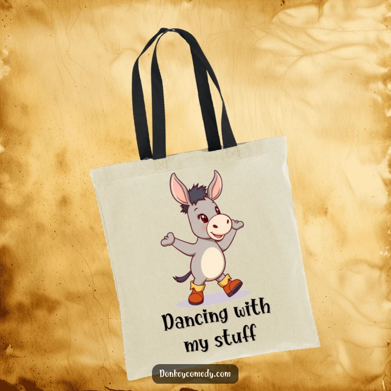 Funny tote bag showcasing a donkey in tiny boots doing a jig, perfect for carrying items with a dance-like flair.