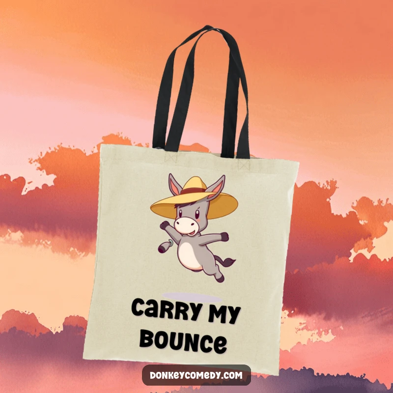 Funny bouncy donkey wearing a straw hat, jumping, on a stylish tote bag, a humorous and practical gift.