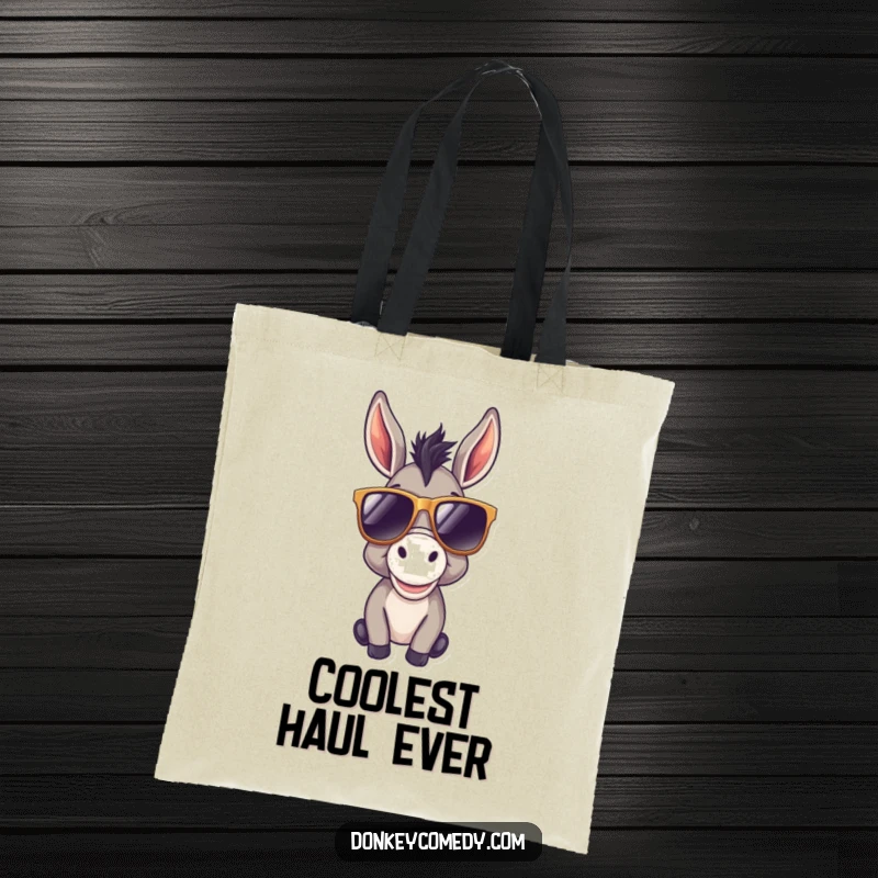 Funny donkey tote bag showcasing a cool donkey with oversized sunglasses, making a statement of style and happiness on the go.