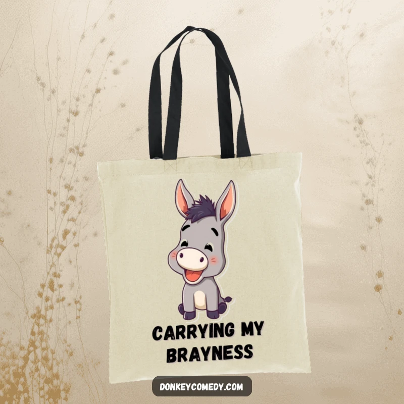 Funny Donkey Tote Bag depicting a donkey with ears perked high, captured in a cheerful, funny bray, ready for adventures.