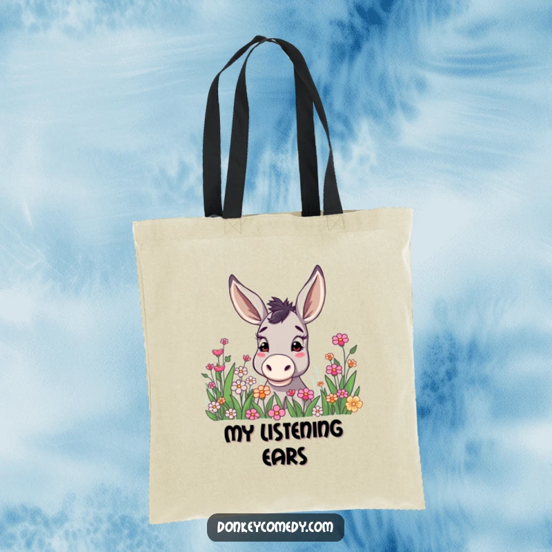 Funny donkey with ears held high, curiously peeking into a vibrant flower patch, a delightful scene on a spacious tote bag.