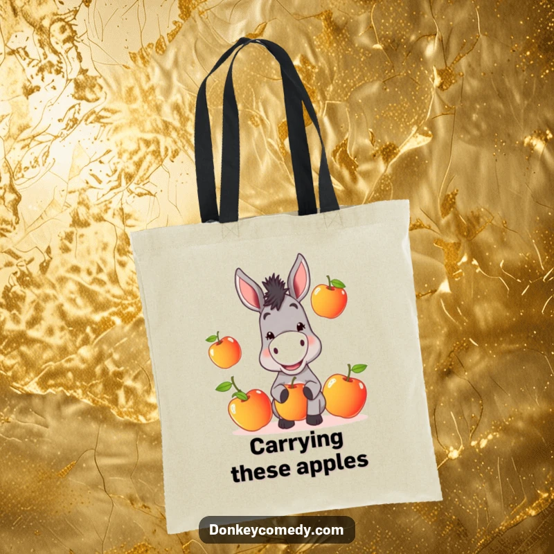 Funny Donkey Tote Bag: A donkey with a mischievous grin juggles apples, showcasing its impressive and humorous talent.