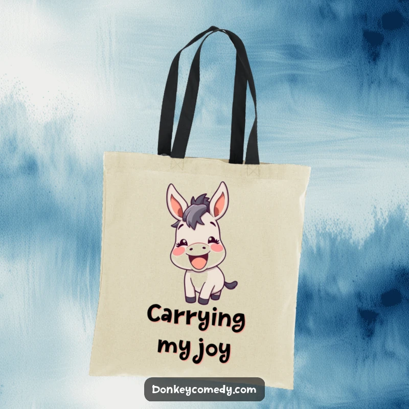 Funny kawaii donkey with perked ears, braying happily with amusement, printed on a sturdy and stylish tote bag.