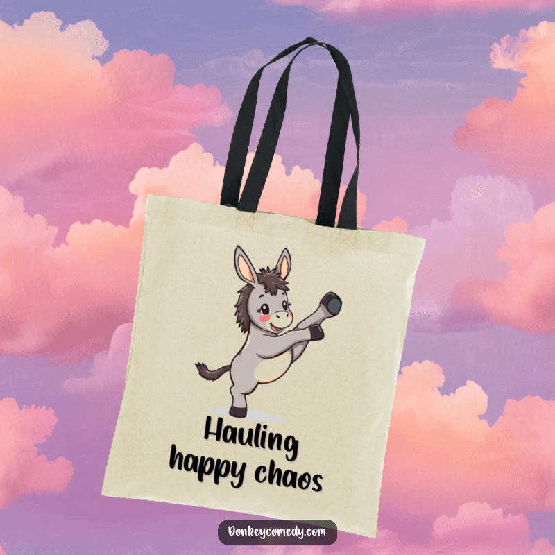 Funny Kawaii Donkey Kicking Tote Bag: A durable tote showing a donkey gleefully kicking its legs, ready for any adventure.