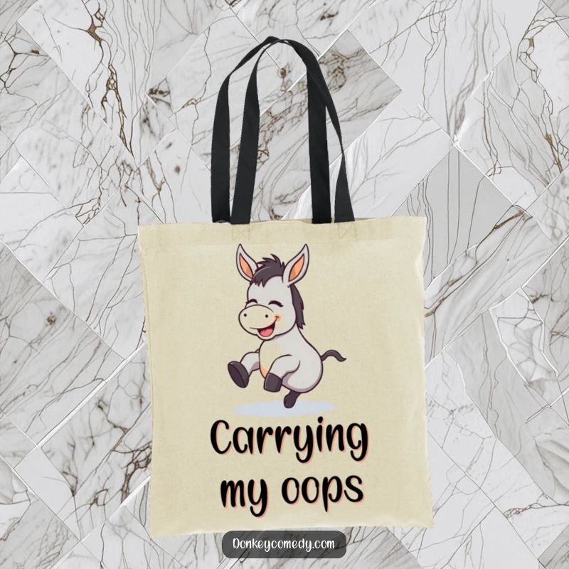 Funny Kawaii Donkey Tripping Tote Bag: A durable tote showing a donkey giggling as it trips, perfect for carrying your belongings with humor.