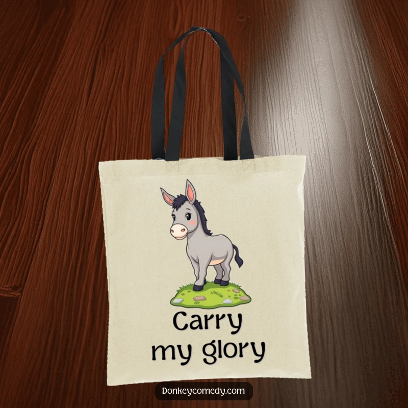 Funny proud donkey standing on a grassy mound, on a stylish tote bag, a humorous and practical gift.