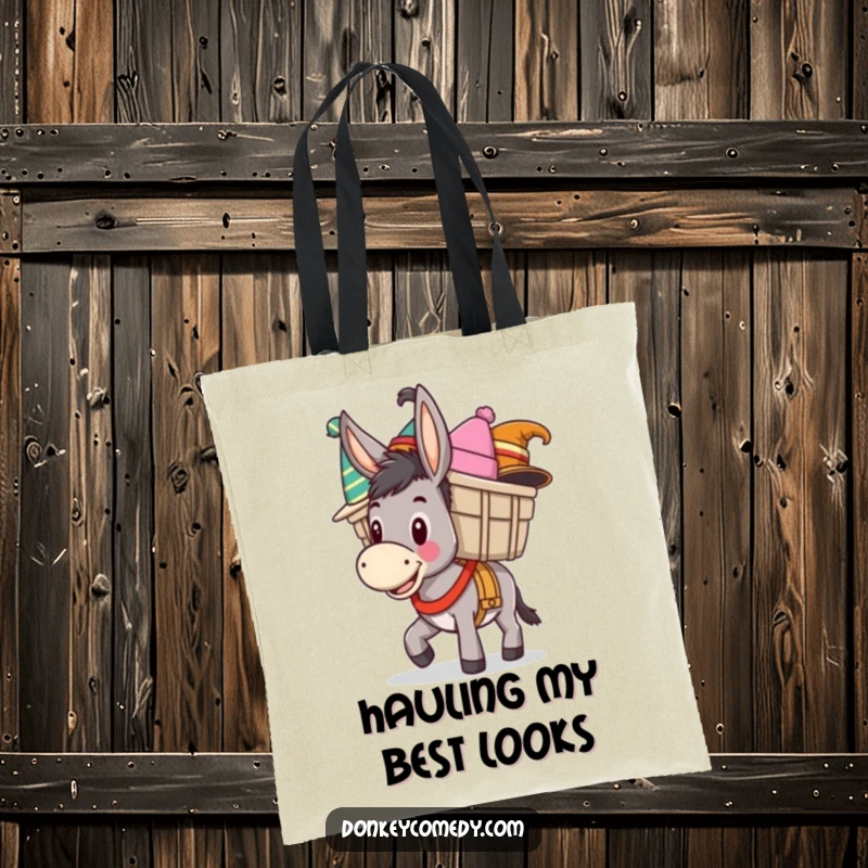 Funny tote bag featuring a happy donkey carrying a load of funny hats, practical for carrying items with humorous charm.