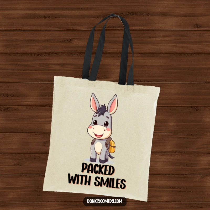 Kawaii donkey tote bag with a smiling donkey carrying a small backpack, perfect for stylishly carrying daily essentials with a cute flair.