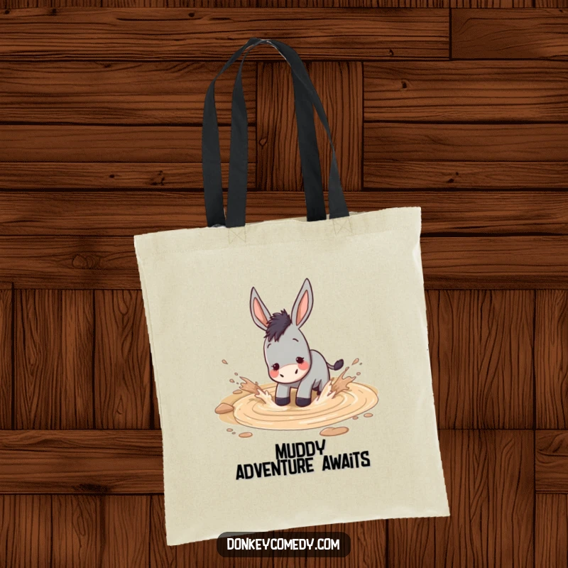 Funny donkey gleefully splashing in a muddy puddle, humorous and practical tote bag.