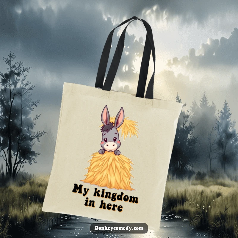 Funny Donkey Tote Bag with a donkey peeking over a very tall stack of hay, ideal for carrying items with funny curiosity.