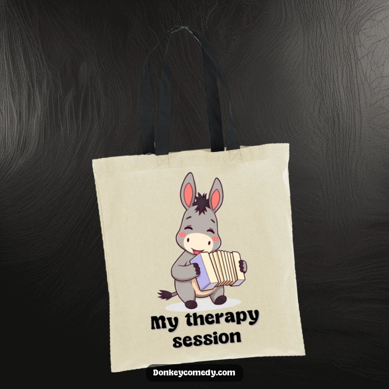 Funny donkey accordion tote bag, smiling while playing a small accordion, perfect for carrying music notes and everyday items.