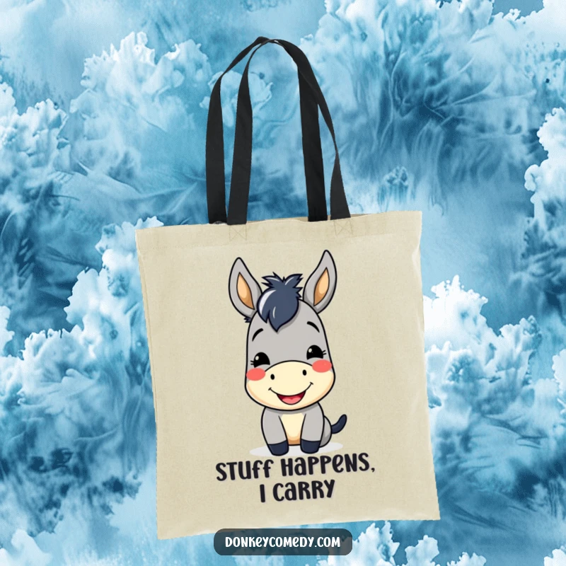 Funny Kawaii Donkey Tote Bag showcasing a cute donkey with a cheerful smile and friendly nod, great for shopping.