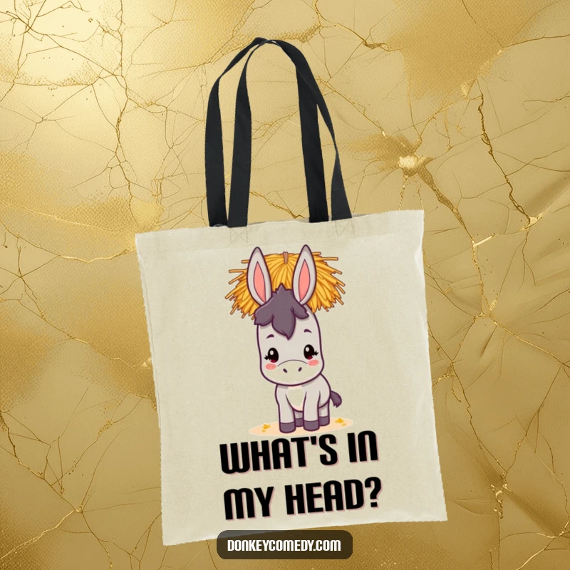 Funny kawaii donkey tote bag depicting a charming donkey skillfully balancing a substantial stack of hay on its head, looking cheerful.